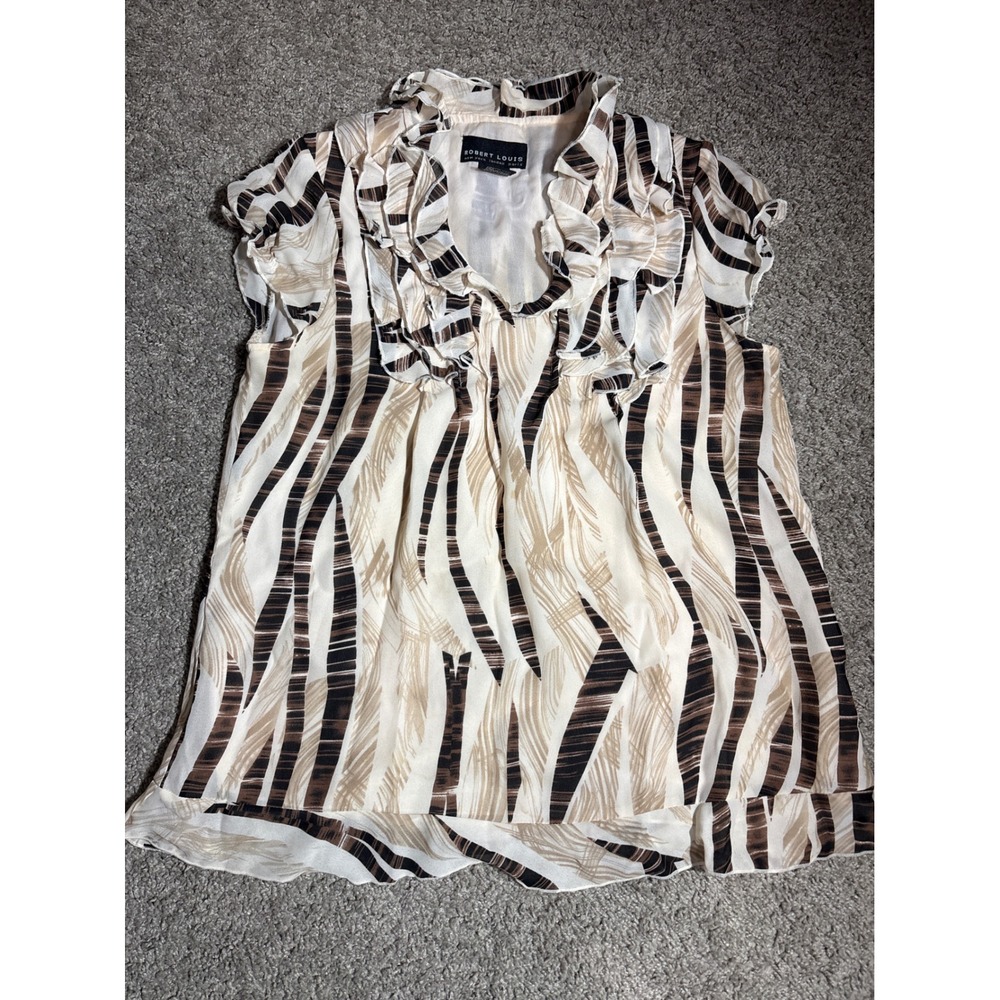 Y2K Robert Louis Zebra Print Ruffle V-Neck Size S Blouse Brown Cream Tan Top